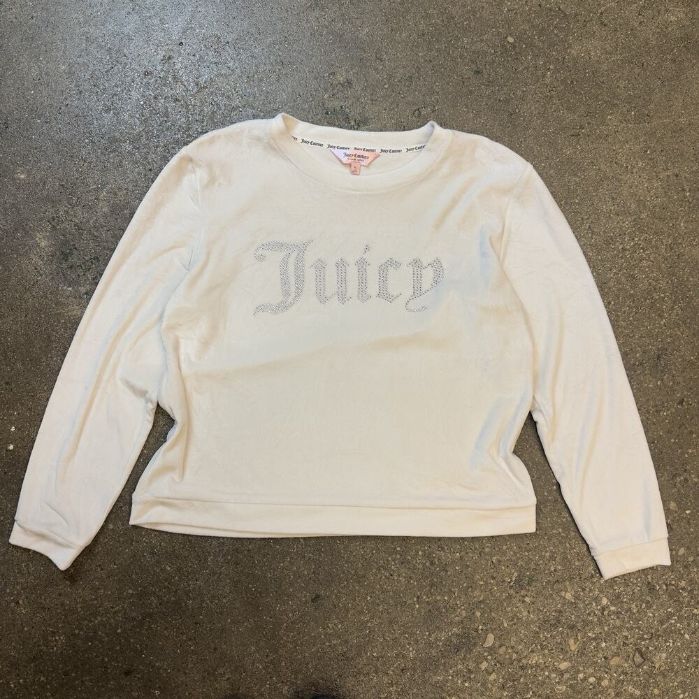 Juicy Couture Velour Cropped Long Sleeve Top Rhinestone Juicy L Cream Y2K
